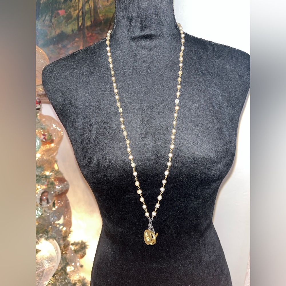 Vintage-Style 32” Faux Pearl Necklace with Antique Brass Tone